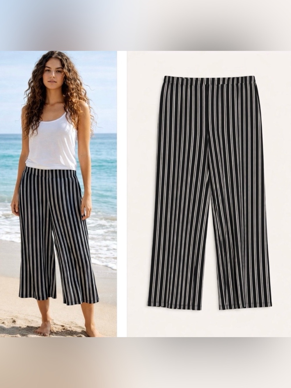 Womens Wide Leg Cropped Pants Size Medium Bohemian Beachy Coastal Striped